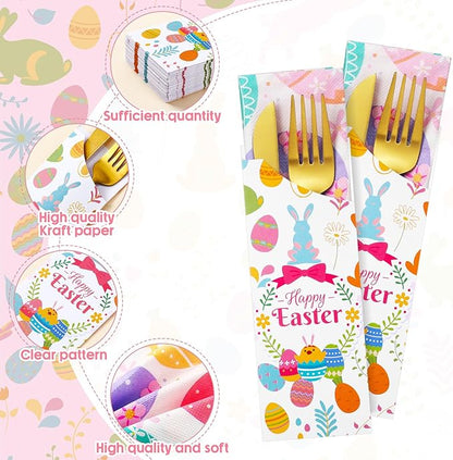 FoldTier 100 Pieces Easter Utensil Cutlery Holders Pouch Bags Easter Napkins Set Bunny Egg Silverware Holder Bag Utensil Sleeve Luncheon Napkins Spring Disposable Paper Napkins for Easter Party Table