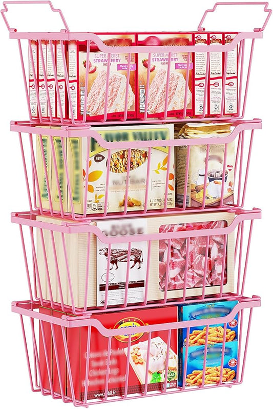 SUNALLY Freezer Organizer Bins, 4 Pack Stackable Chest Freezer Organizer for 5-7 Cu.FT Deep Freezer Sort Frozen Meats and Food, Freezer Storage Baskets with Handles Easy Reach from Bottom, Pink