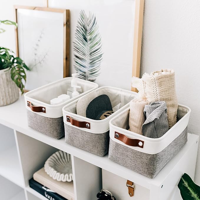 OrganiHaus 12x8in Canvas Storage Baskets 6 Pack | SMALL Fabric Bins for Shelves | Pantry & Bathroom Organizer | Gray/Off-White