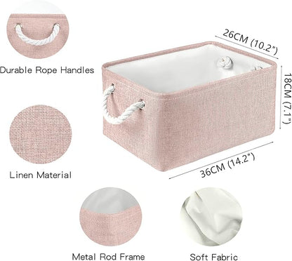 Storage Bins with Sturdy Cotton Handles(1 Pack), Fabric Storage Baskets for Organizing use for Office & Home, Book, Clothes, Toys, Closet Boxes (Medium, Pink, 14.2x10.2x7.1 inches)