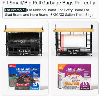 1 Pack Stackable Storage Trash Bag Baskets with Bamboo Top, Large & Standard Trash, Garbage Bag Holder Dispenser, Multiuse Basket for Kitchen Pantry Cabinet Counter Under Sink Laundry Organizing