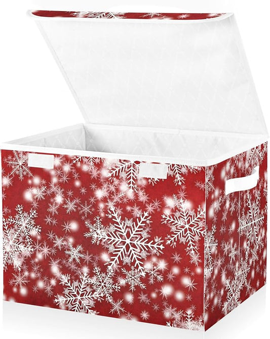 senya Christmas Baskets Collapsible Storage Bins with Lids, Christmas Background with Snowflakes Red Storage Boxes Clothes Baskets for Organizing