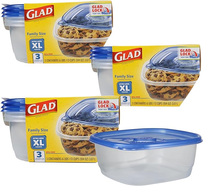 Glad GladWare XL Square Food Storage Containers with Lock Tight Lids, BPA-Free Family Size Plastic Containers for Leftovers, Meal Prep, and Freezer Storage, Dishwasher Safe, 104 Oz, 3 Count - 3 Pack