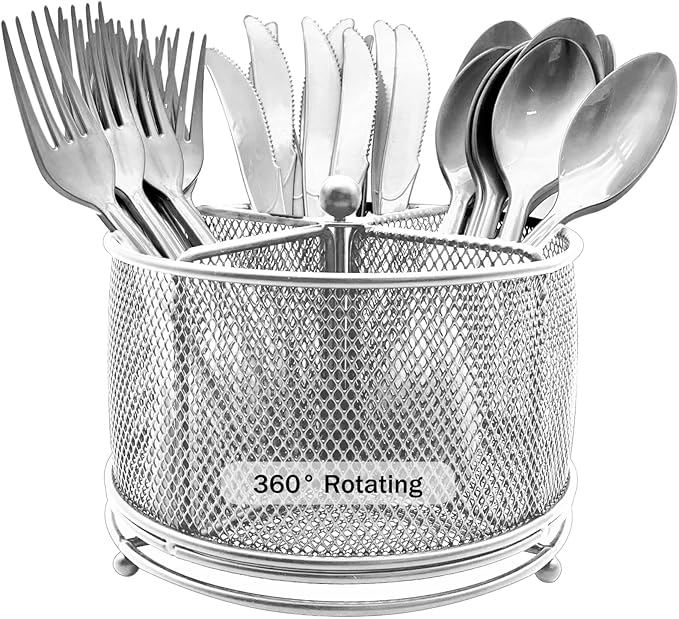 DysanVica 360° Rotating Metal Utensil Caddy - 4 Compartment Silverware Cutlery Holder Rotation Fork Spoon Napkin Organizer Flatware Storage Basket Party Countertop Buffet Picnic Camping Outdoor Silver