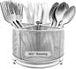 DysanVica 360° Rotating Metal Utensil Caddy - 4 Compartment Silverware Cutlery Holder Rotation Fork Spoon Napkin Organizer Flatware Storage Basket Party Countertop Buffet Picnic Camping Outdoor Silver