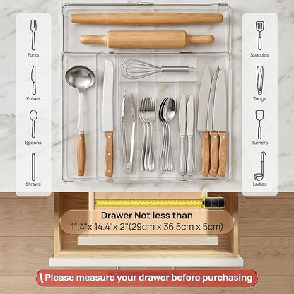 Vtopmart Expandable Silverware Organizer, Clear Plastic Food-Safe Cutlery Flatware Organizer, Kitchen Utensil Drawer Organizer, Adjustable Silverware Holder for Spoons Forks Knives, (6-9 Slots)