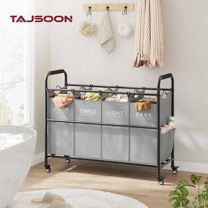 Tajsoon 4 Bag Laundry Sorter Cart, 4 Section Laundry Hamper Sorter with Heavy Duty Lockable Rolling Wheels, Laundry Separator Hamper with Removable Bags for Dirty Clothes Storage, Grey