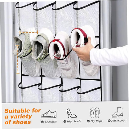 Over the Door Shoe Organizer 24 Pocket Breathable Mesh Hanging Shoe Organizer Up to 40 Pounds Non Slip Shoe Holder Sturdy over the Door Storage Fits for Size 13 Shoes 59x21" Over Door Organizer Shoe