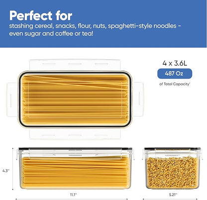Chef's Path Airtight Food Storage Containers with Lids (Set of 4/3.6 Liters Each), Plastic Spaghetti Container for Pasta & Dry Food Storage, BPA Free Pantry Organizer Set with Kitchen Accessories