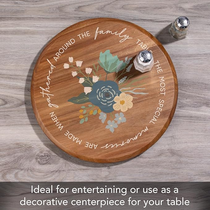 CounterArt Decorative Round Natural Wood Lazy Susan Turntable 14" Diameter Condiment Caddy, Cheese Server, Cake Plate, Spice Organization (Family Table)