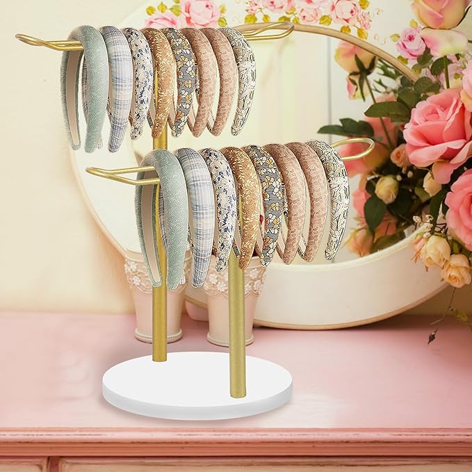 Headband Holder Organizer, Metal Hair Hoop Display Stand Headband Organizer Storage Hair Ropes Accessories Bracelets, for Women Girls Bedroom Decor, College Dorm Room Decor (Double Layer)