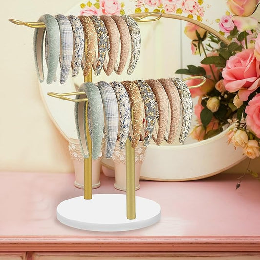 Headband Holder Organizer, Metal Hair Hoop Display Stand Headband Organizer Storage Hair Ropes Accessories Bracelets, for Women Girls Bedroom Decor, College Dorm Room Decor (Double Layer)
