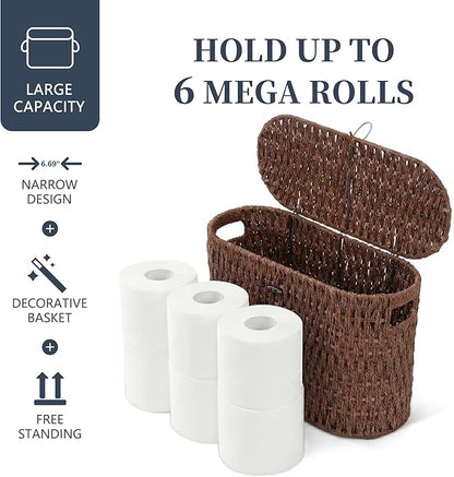 Coeusy Toilet Paper Storage Basket with Lid, Paper Rope Toilet Paper Holder for Up to 6 Mega Rolls, Wicker Basket for Bathroom Accessories Organizer, Boho Hand Woven Rattan Decorative Decor, Brown