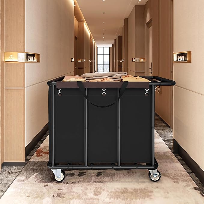FAVOOSTY 470L Heavy Duty Commercial Laundry Cart with Wheels,Industrial Rolling Laundry Hamper, Extra Large Laundry Basket, Metal Frame for Hotel/Hospital/Home, 440lbs (Black)