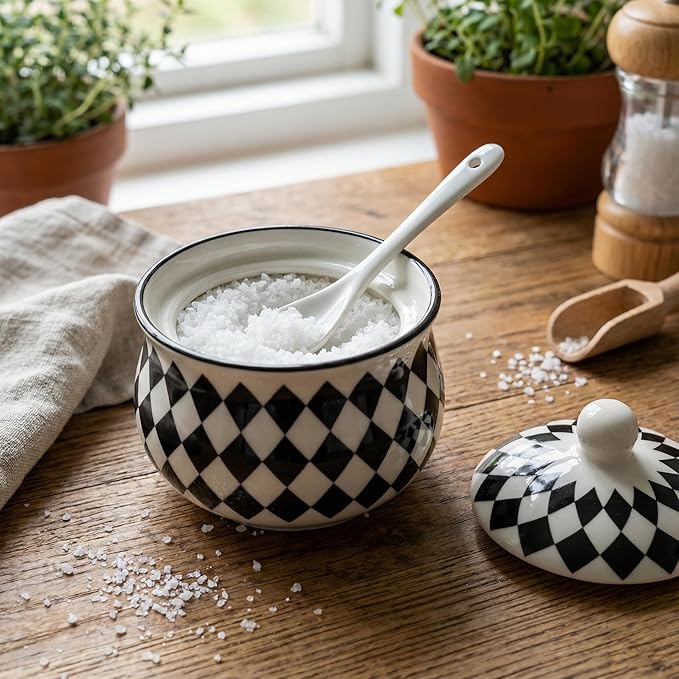 Snailhouse Salt Cellar with Lid and Spoon, 7 OZ Ceramic Spice Holder Container Jar Bowl Keeper Storage Canister for Countertop, Black Checkered