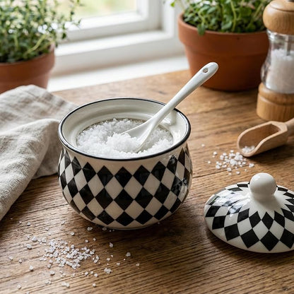 Snailhouse Salt Cellar with Lid and Spoon, 7 OZ Ceramic Spice Holder Container Jar Bowl Keeper Storage Canister for Countertop, Black Checkered