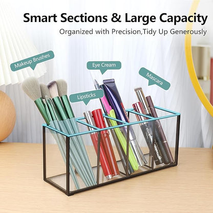 ELEGANTLIFE Clear Glass Makeup Brush Organizer,Luxurious Tempered Glass Cosmetics Brushes Storage Holder for Refined Bathroom Decor (Black, 4 Sections)