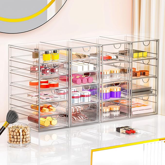 YFXCVSL Acrylic Makeup Organizer with 19 Drawers, 4 Pack Clear Storage Drawers, Bathroom Makeup Organizer for Palettes, Cosmetic, and Beauty Supplies,Ideal for Vanity, Cabinet,Desk Organization