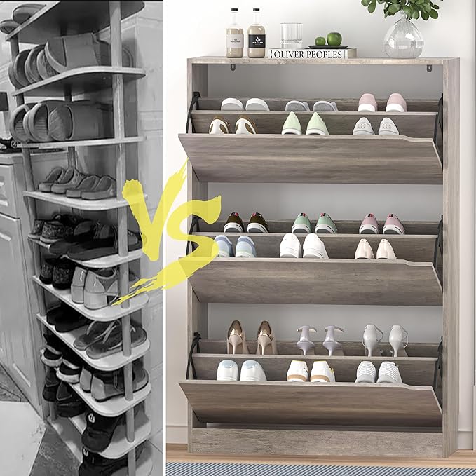 Shoe Storage Cabinet for Entryway, Grey Shoe Cabinet with 3 Flip Drawers, Hidden Shoes Rack Freestanding Storage Organizer for Entryway,Closet, Living Room,Hallway 47.24"H × 31.50"W × 9.44"D