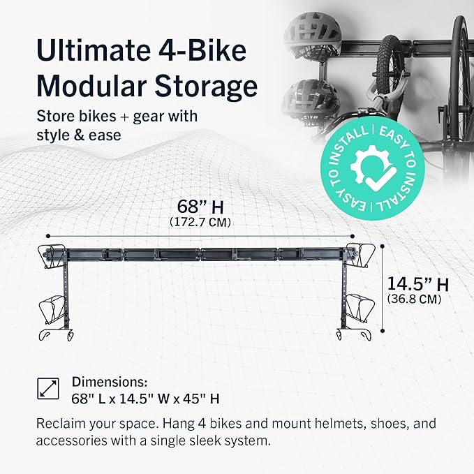 StoreYourBoard BLAT Modular Wall Bike Rack - Adjustable Bike Wall Mount System for Mountain Bikes and Road Bikes - Holds Up to 4 Bikes with Accessories - Heavy-Duty Steel Garage Storage Hooks - Black