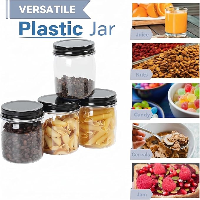 novelinks 8 oz Clear Plastic Jars with Airtight Lids, 8 Pack Plastic Mason Jars with Lids 8oz, Refillable Storage Slime Containers & Small Spice Jar for Kitchen Organization (8 Pack,Black)