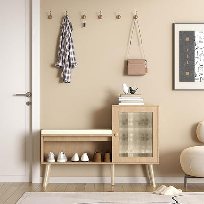 2-in-1 Shoe Storage Bench, Rattan Shoe Cabinet with 2 Adjustable Shelves and Removable Seat Cushion, Modern Entryway Bench, Shoe Storage Organizer, Shoe Rack for Hallway, Bedroom