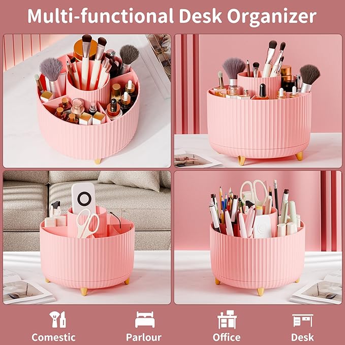 fanado 360° Rotate Makeup Brush Holder Organizer, Makeup Organizers Countertop, Makeup organization and Skincare Storage for Vanity, Desktop, Bathroom (Pink)