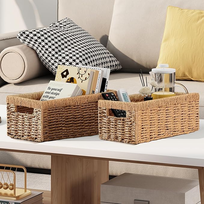 Vagusicc Wicker Storage Basket, Set of 2 Hand-Woven Paper Rope Wicker Baskets for Organizing Decor Storage Bins for Counter Shelves Pantry Basket Small Toilet Paper Basket for Toilet Tank Top, Natural
