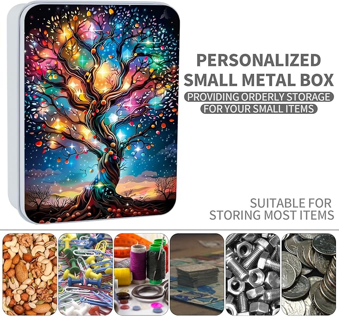 Metal Tin Box Sturdy Metal Storage Box with Lid, Large Container Holder for TCG Cards,Car Keys,Cookies,Tin Containers for Gift,5.0x3.7x1.6 Inch,Exquisite Pattern Design(Shining Tree)