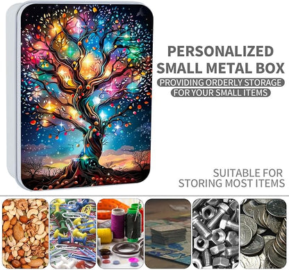 Metal Tin Box Sturdy Metal Storage Box with Lid, Large Container Holder for TCG Cards,Car Keys,Cookies,Tin Containers for Gift,5.0x3.7x1.6 Inch,Exquisite Pattern Design(Shining Tree)