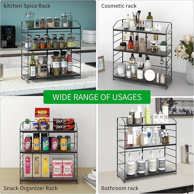 BOIVSHI Bathroom Countertop Organizer, 3-Tier Bathroom Counter Organizer, 8-Levels Height Adjustable, Bathroom Organizer for Kitchen, Pantry, Livingroom, Offices Storage, Metal Black