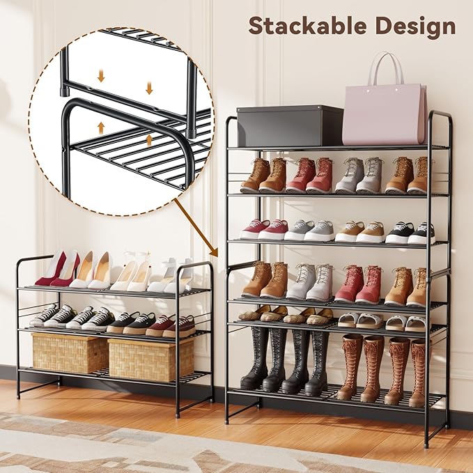 Standard Shoe Rack 3-Tier 32.5 Inches Wide, Free Standing Shoe Organizer for Indoor Outdoor | Adjustable Heavy-Duty Metal Shelf Ideal for Home Entryway Closet & Garage Balcony | Black