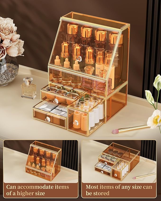 CoralHouse Makeup Organizer Countertop,Amber Makeup Organizer with Drawer, Skincare Holder for Bathroom Countertop,Cosmetic Display Case for Dresser