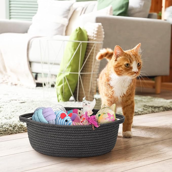 MEGASKET Small Rope Basket, Baskets for Gifts Empty, Cute Woven Basket for Dog Toy, Cat Toy Bin Box, Wicker Organizing Basket for Book, Baby Diaper, Towels, Snack, 13” x 9” x 5”, Dark Gray