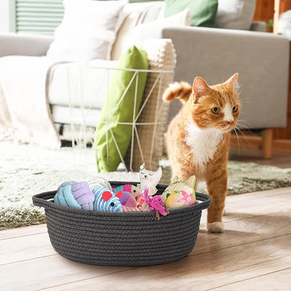 MEGASKET Small Rope Basket, Baskets for Gifts Empty, Cute Woven Basket for Dog Toy, Cat Toy Bin Box, Wicker Organizing Basket for Book, Baby Diaper, Towels, Snack, 13” x 9” x 5”, Dark Gray