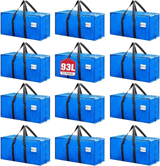 BETU 12 Pack Moving Bags Moving Storage College Dorm Camping Packing Travel PE Heavy Duty, Sturdy Handle, Zipper Large Storage Tote Bag Moving Boxes Box Alternative - Blue 29L x 14W x 13H