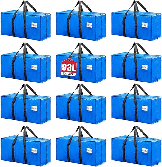 BETU 12 Pack Moving Bags Moving Storage College Dorm Camping Packing Travel PE Heavy Duty, Sturdy Handle, Zipper Large Storage Tote Bag Moving Boxes Box Alternative - Blue 29L x 14W x 13H