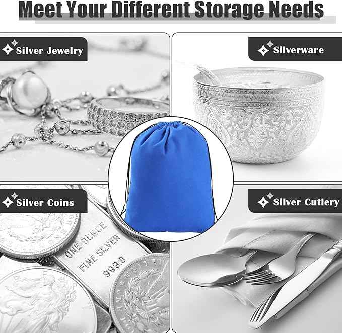 Fumete 8 Pcs Silver Storage Bags Anti Tarnish Storage Bags 18" x 18" 9" x 11.8" Silver Protector for Jewelry Silverware Protection Resistant Tarnish for Silverware Flatware(Blue)