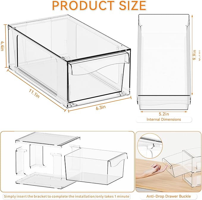 Yieach 2 Pack Clear Stackable Storage Drawers,4.5" Tall Acrylic Makeup Organizer Drawers and Medicine Cabinet Organizers,Pull Out Plastic Bathroom Closet Organizer for Hair Clip,Baby Bottle,Pacifier