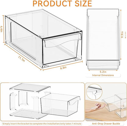 Yieach 4 Pack Clear Stackable Storage Drawers,4.5" Tall Acrylic Makeup Organizer Drawers and Medicine Cabinet Organizers,Pull Out Plastic Bathroom Closet Organizer for Hair Clip,Baby Bottle,Pacifier