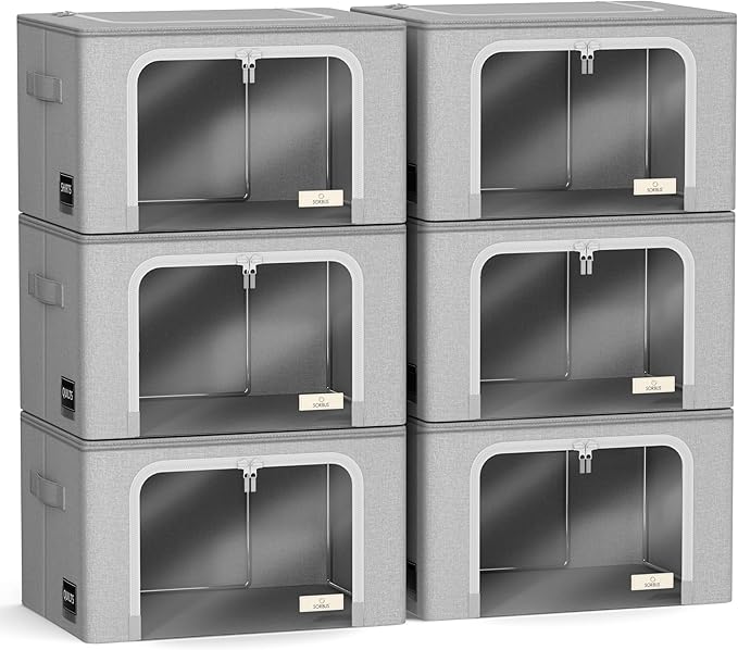 Sorbus Storage Bins with Metal Frame - Stackable & Foldable Clothes Organizer Bags - Oxford Fabric Storage Containers with Large Clear Window & Carry Handles Organization for Bedding Linen & Clothing