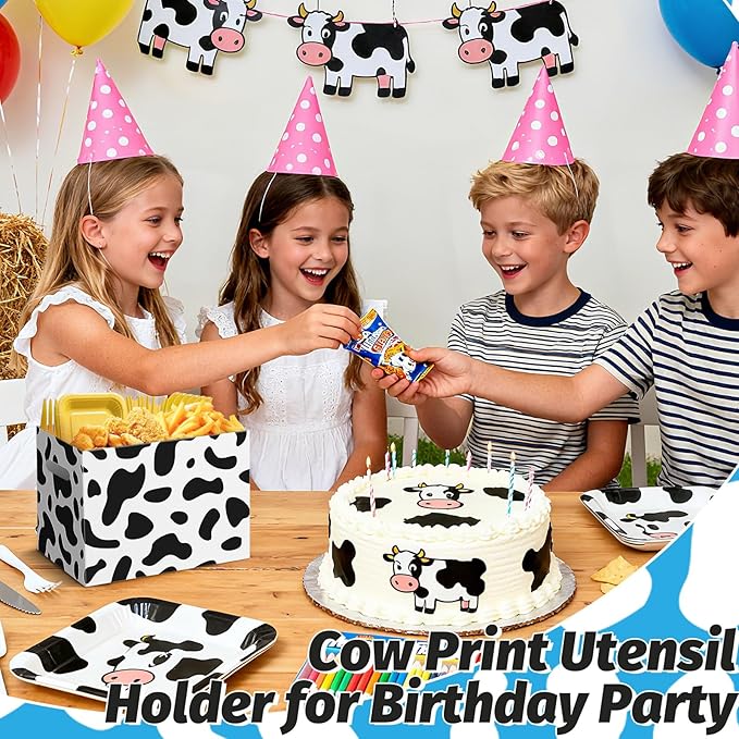 2PCS Cow Print Utensil Holder Paper Utensil Caddy for Cow Birthday Party Decorations Disposable Cutlery Holder with Handles Cutlery Caddy for Farm Animal Party Supplies Black and White Snack Box