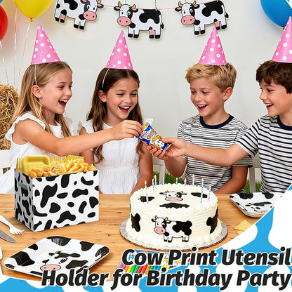 2PCS Cow Print Utensil Holder Paper Utensil Caddy for Cow Birthday Party Decorations Disposable Cutlery Holder with Handles Cutlery Caddy for Farm Animal Party Supplies Black and White Snack Box