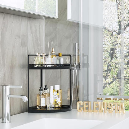 Corner Bathroom Counter Organizer, 2 Tier Wood Vanity Storage, Waterproof Skincare Shelf for Kitchen & Toiletries Decor, Dresser (Black-2 Tier)