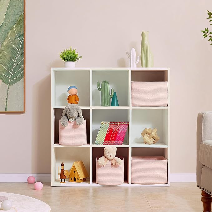 Set of 4 Pink Rope Basket for Shelves Woven Rectangle Storage Basket Bins for Nursery Toy Storage for Baby Girl