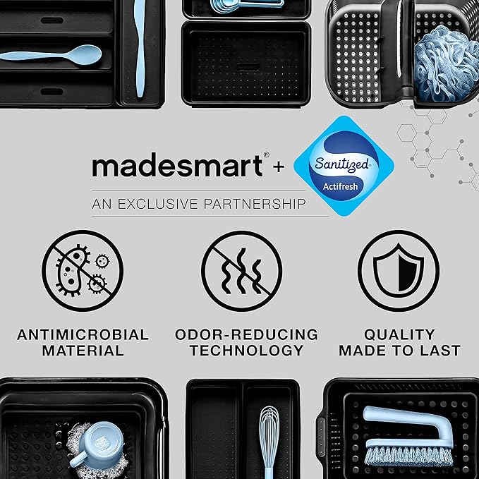 madesmart Premium 2 Compartment Utensil Tray, Deep Storage for Ladles, Whisks & Serving Tools, Non Slip Lining, for Drawers & Home Organization, White