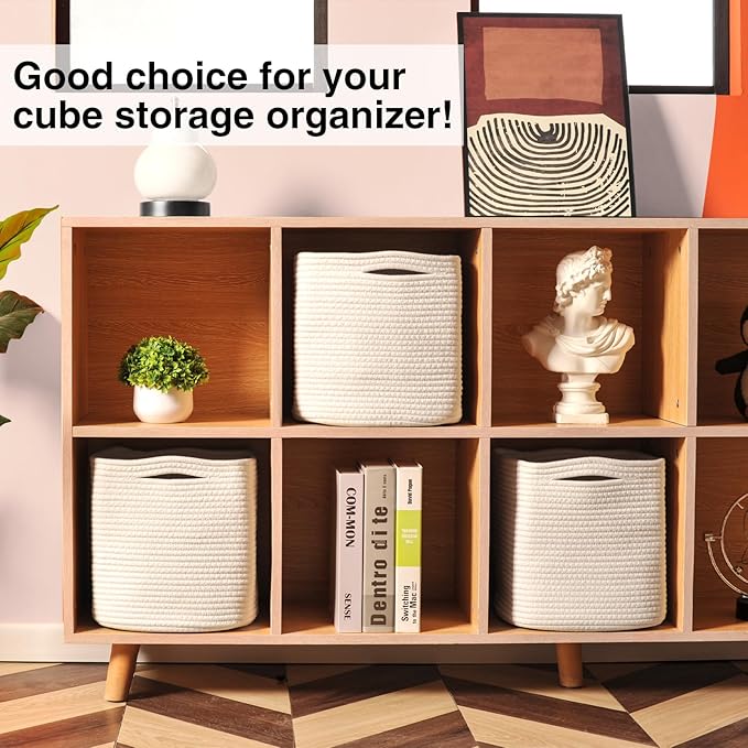 11 Inch Cube Storage Bins, 11x11 Cube Storage Bins for Cube Organizer, Square Cloth Storage Cubes, Woven Storage Baskets for Shelves, Toy Rope Baskets Storage Kids, Off White (Pack of 3)