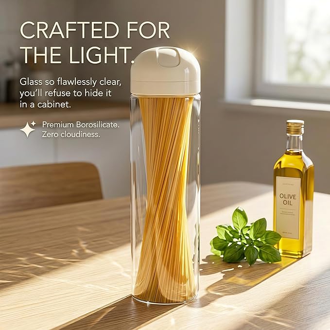 Glass Spaghetti Storage Jar with Twist & Pour Measuring Lid, 67 oz Tall Pasta Container, Borosilicate Glass Food Canister for Pantry Organization (Green)