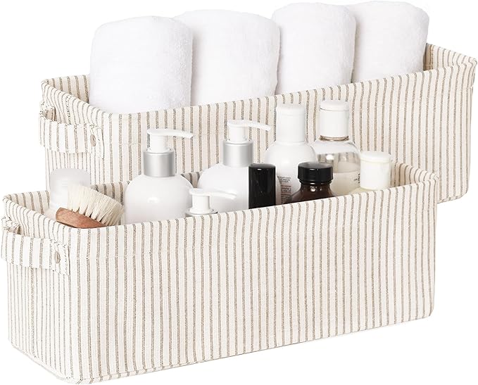StorageWorks Narrow Storage Bins, Small Basket for Closet and Shelves, Fabric Organizer with Handles, Toilet Paper Storage, Khaki and Beige Stripes, 2-Pack