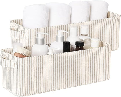 StorageWorks Narrow Storage Bins, Small Basket for Closet and Shelves, Fabric Organizer with Handles, Toilet Paper Storage, Khaki and Beige Stripes, 2-Pack